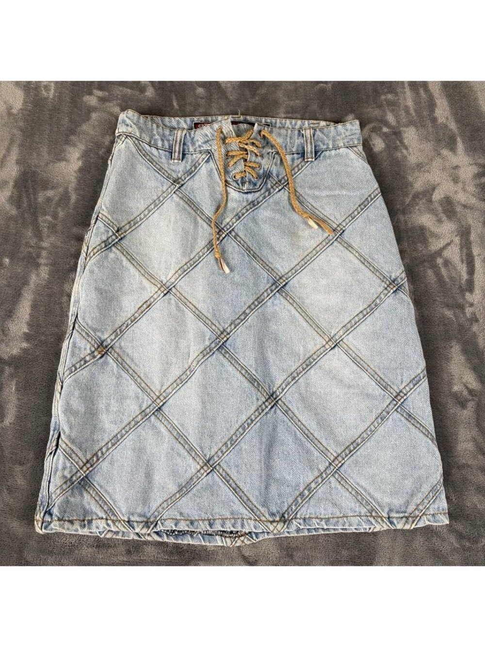 Vintage Y2k One Tuff Babe Patchwork Denim Mini Skirt Lace Up  Size 1/2